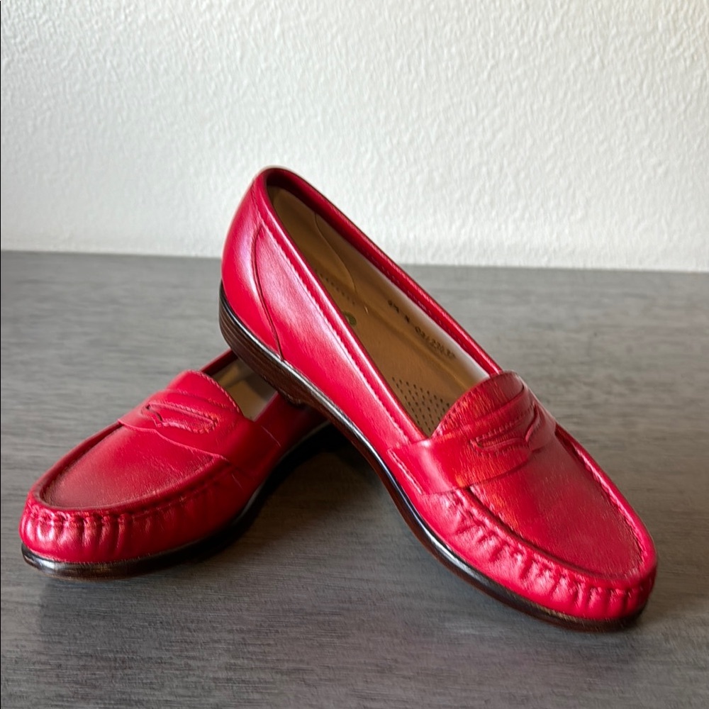 SAS Red Leather Loafers with Stitched Pattern